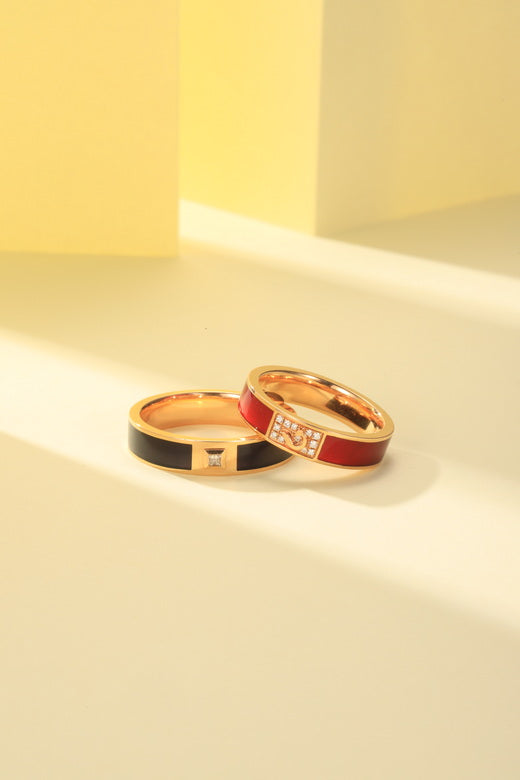 Golston Eng™ 18K Gold & Diamond Black Enamel Ring