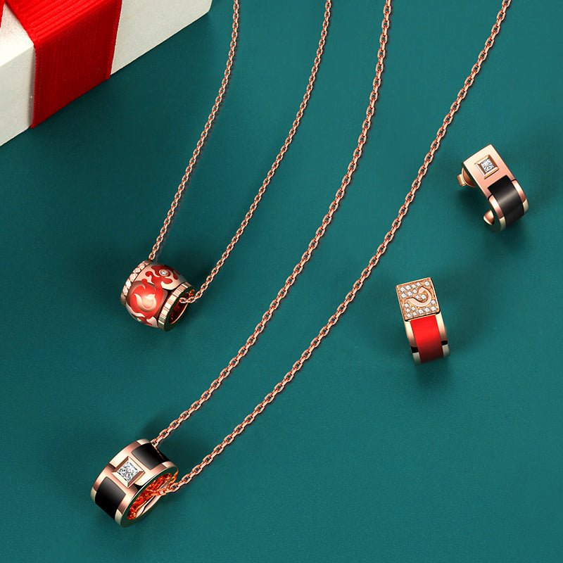 Golston Eng™ 18K Rose Gold&Diamond Red Enamel Necklace
