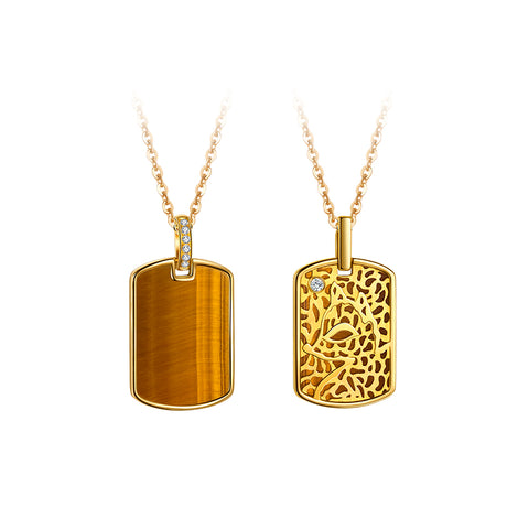 Golston ™ Impression 18K Yellow Gold & Diamond &Tiger Eye Natural Crystal Square Shape Pendent Necklaces