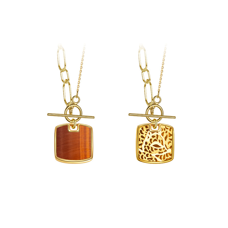 Golston ™ Impression 18K Yellow Gold & Diamond &Tiger Eye Natural Crystal Square Shape Pendent Necklaces
