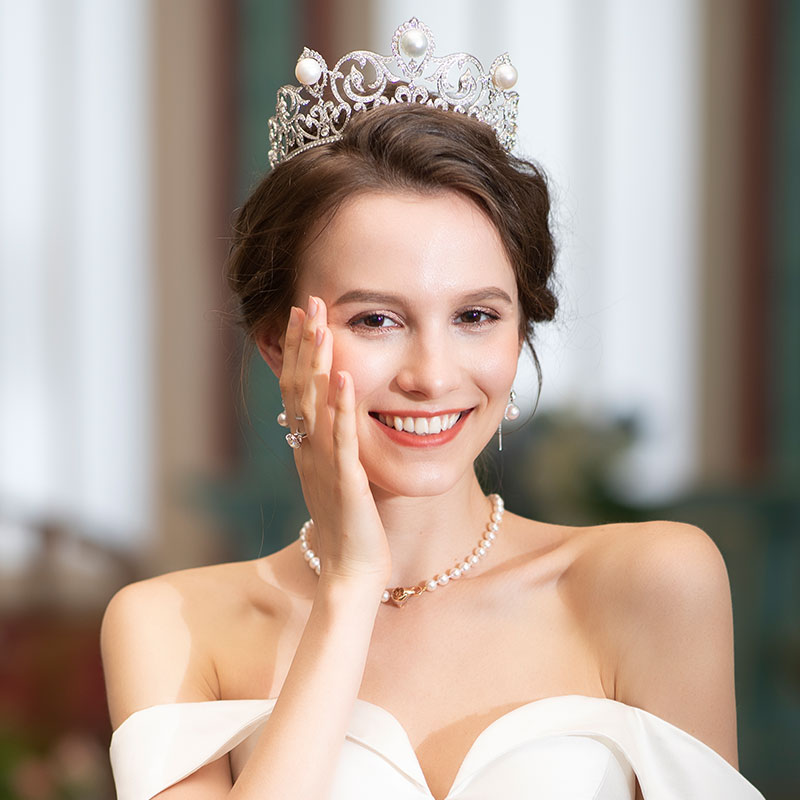 Golston Luxury™ 18K Gold White Fox Diamond Pearl Crown Wedding