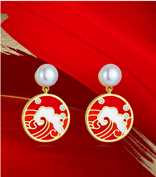 Golston Enamelled Fresh Water Pearl Tital Rise Silver Stud Earings*Red