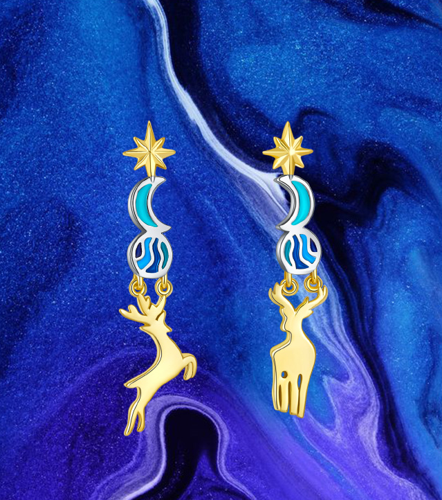 Golston Enamelled Topaz Star Moon Elk Silver Earrings