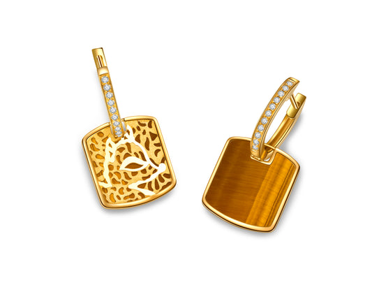 Golston ™ Impression 18K Yellow Gold & Diamond &Tiger Eye Earrings