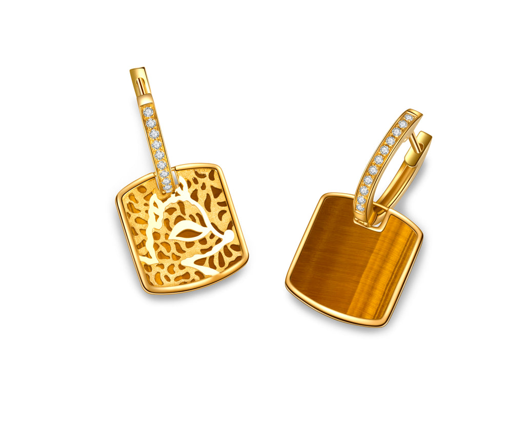 Golston ™ Impression 18K Yellow Gold & Diamond &Tiger Eye Hoop Earings