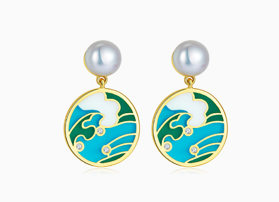 Golston Enamelled Fresh Water Pearl Tidal Rise Silver Stud Earrings