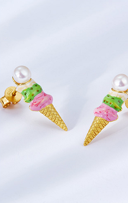 Golston Enamelled Natural Pearl Summer Ice Cream Silver Earrings