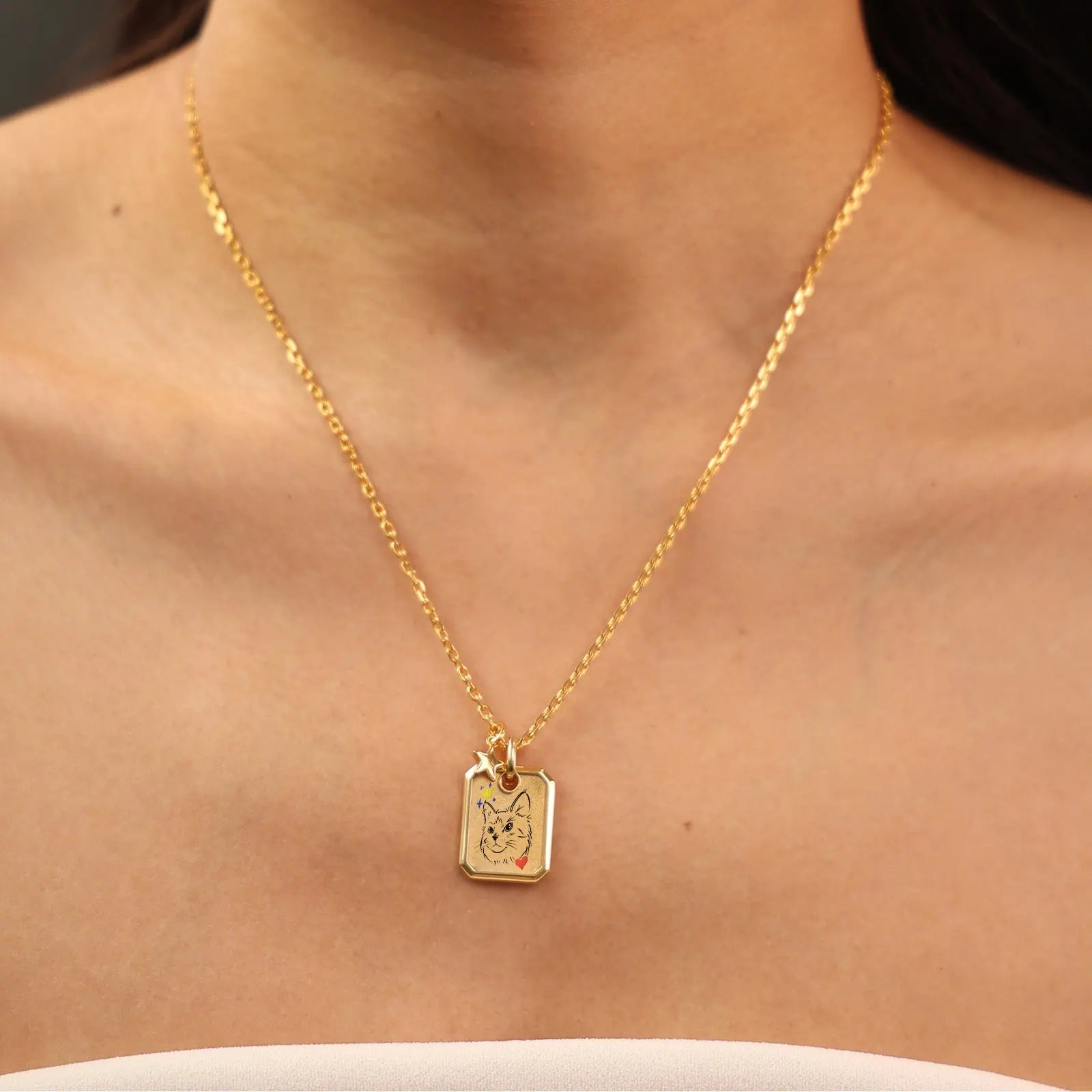 18k Gold Plated Sterling Sliver Custom Pet Portrait Pendant Necklace | Diamond Chain | Birthstone Charms