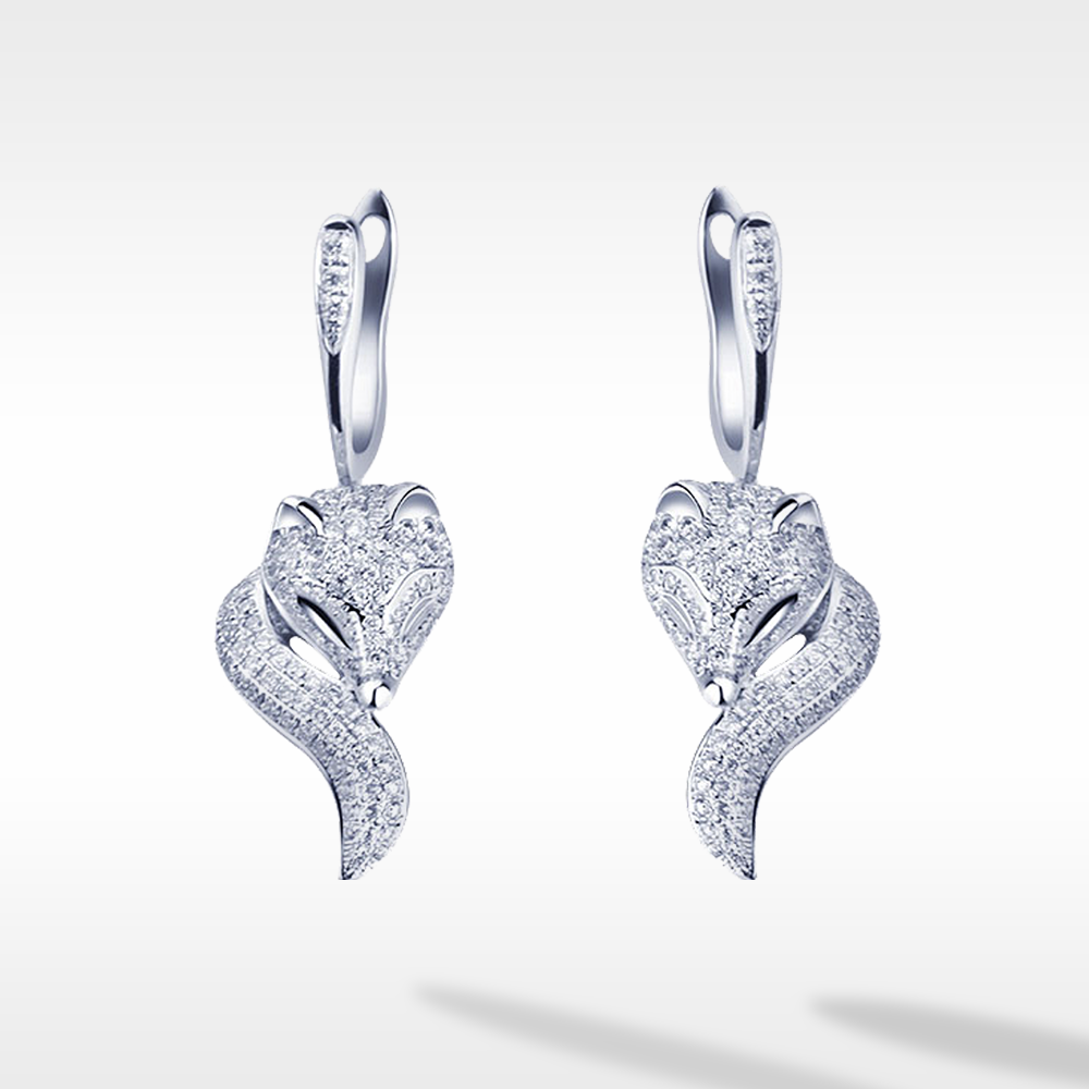Vulpine Whisper 18K Gold Plated Sterling Silver White Fox Luxe Pavé Dangle Drop Earrings