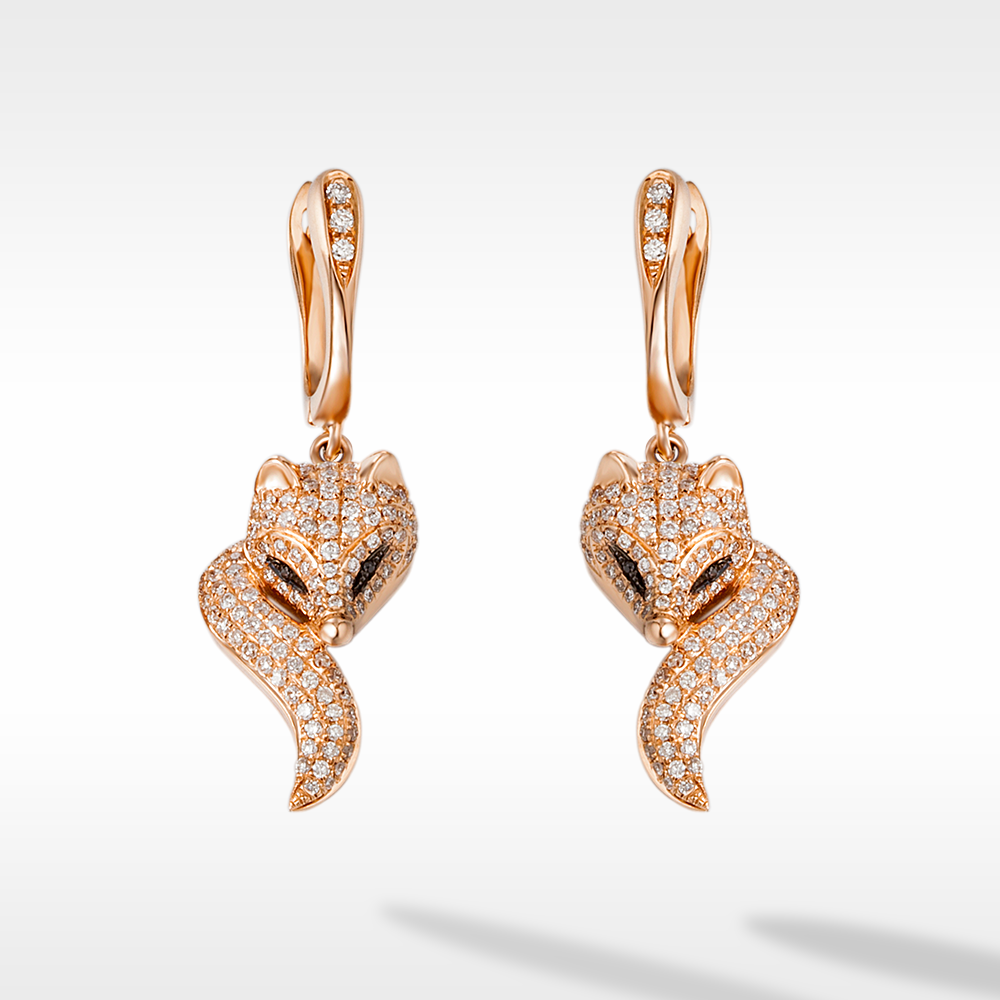 Vulpine Whisper 18K Gold Plated Sterling Silver White Fox Luxe Pavé Dangle Drop Earrings