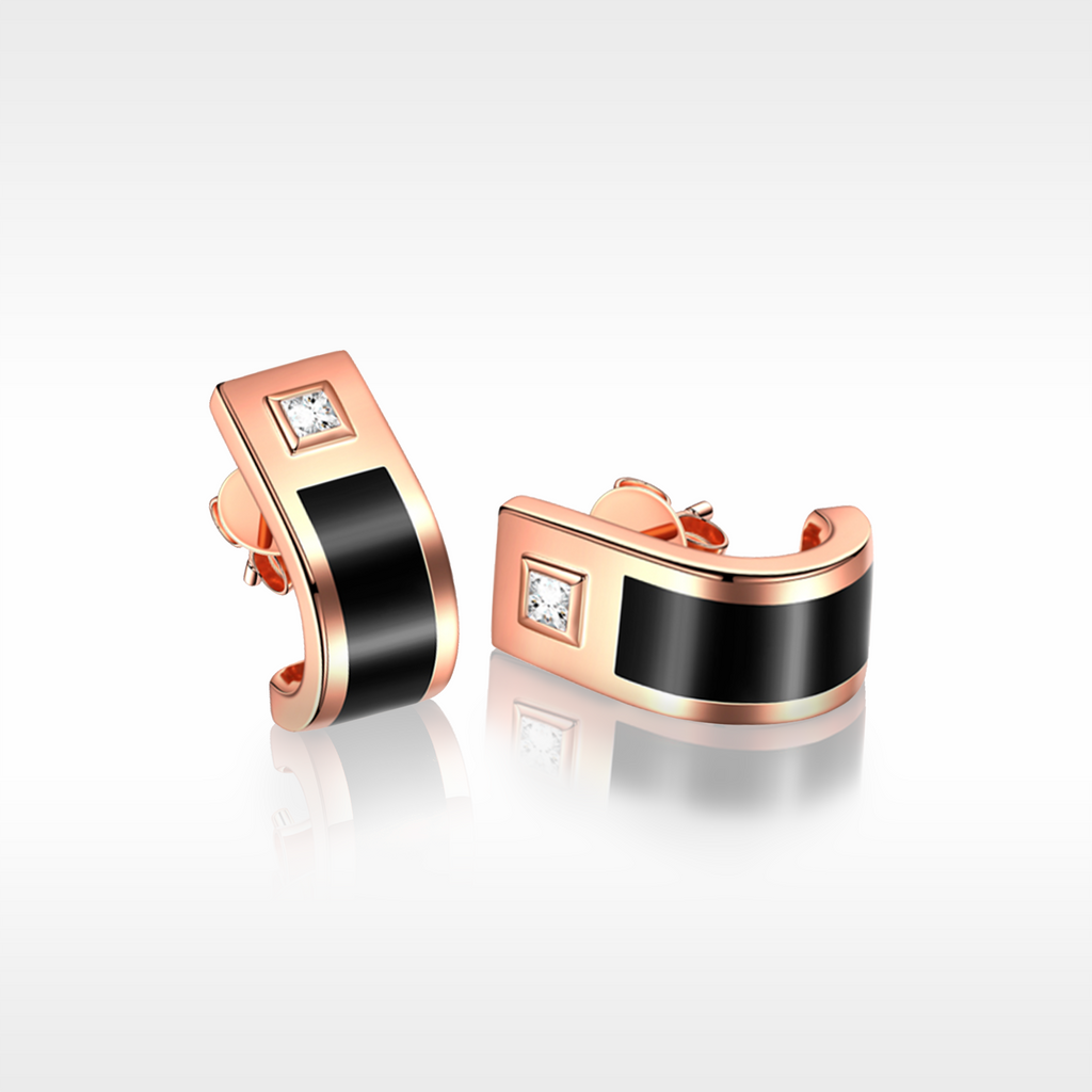Christmas Gifts Golston Eng™ Black Enamel Solo Diamond Earrings, 18K Gold & Diamond