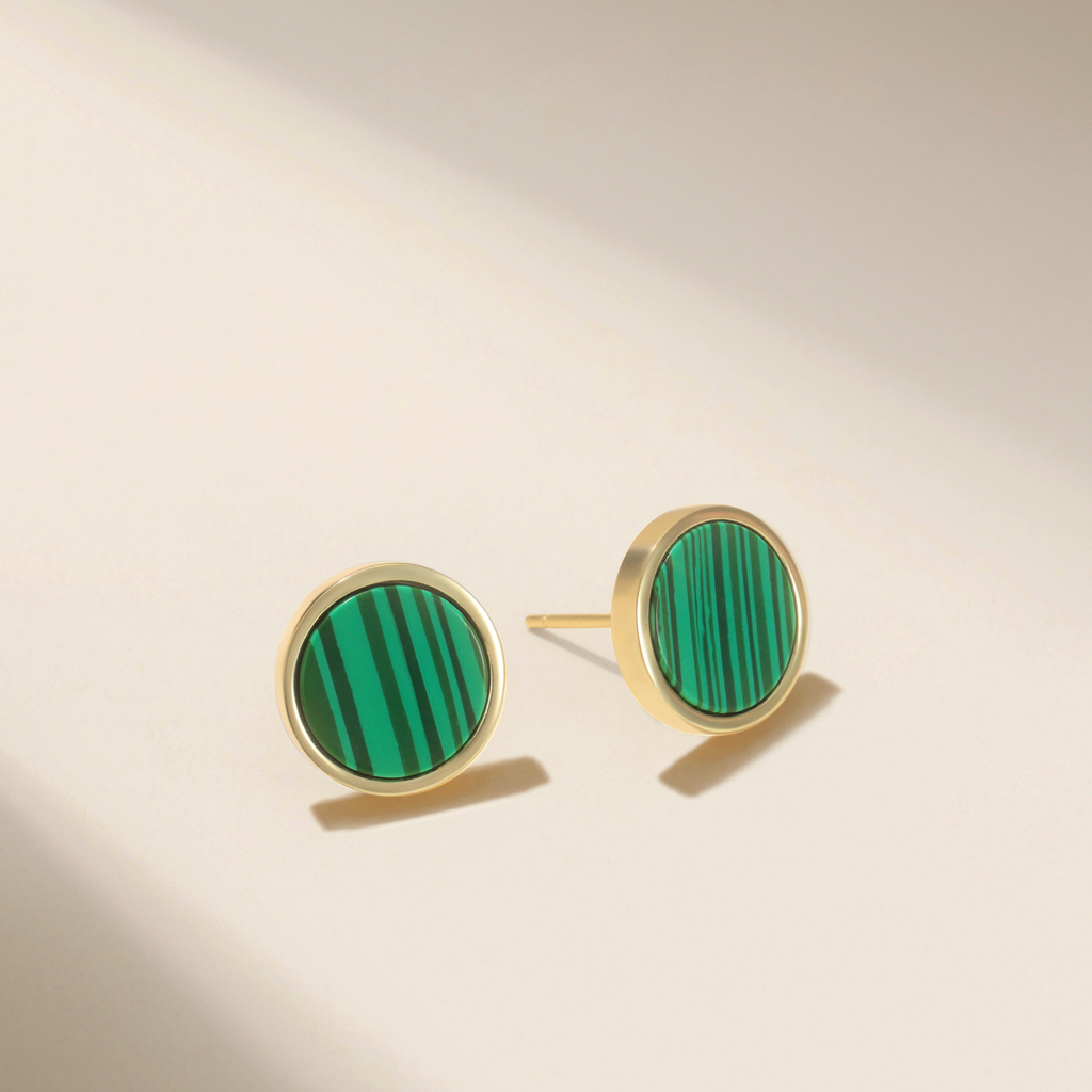Vulpine Whisper 18K Gold Plated Sterling Silver Natural Malachite Petite Disc Stud Earrings