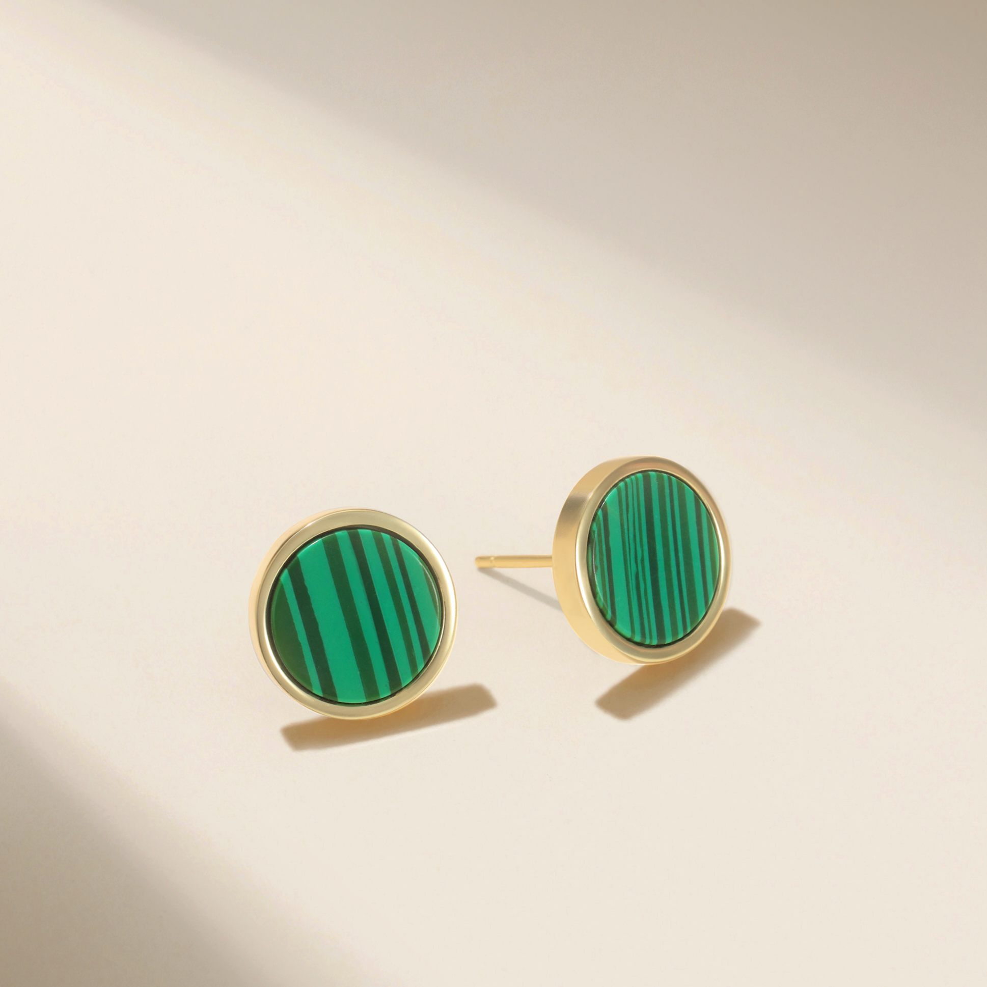 Vulpine Whisper 18K Gold Plated Sterling Silver Natural Malachite Petite Disc Stud Earrings