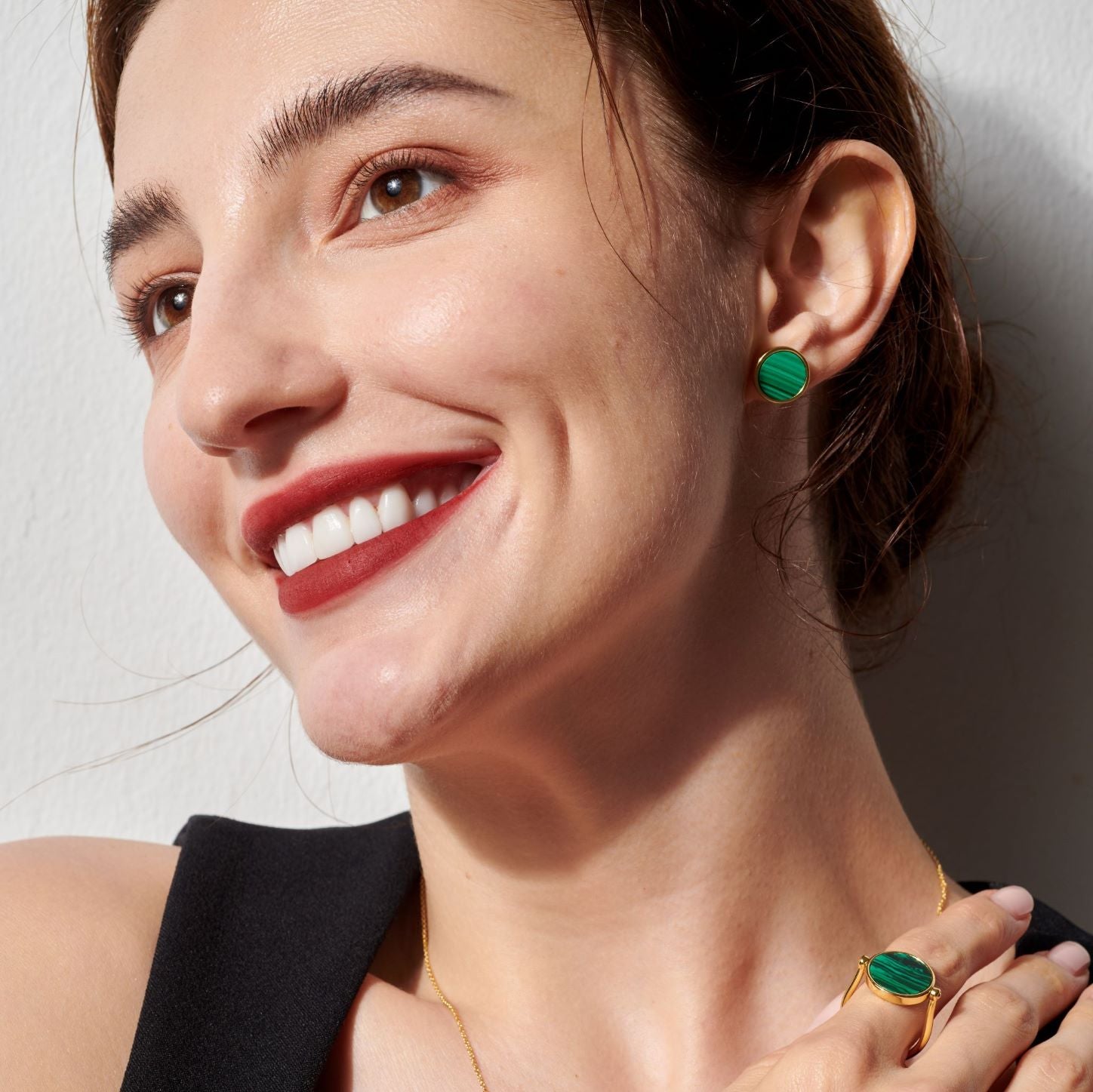 Vulpine Whisper 18K Gold Plated Sterling Silver Natural Malachite Petite Disc Stud Earrings