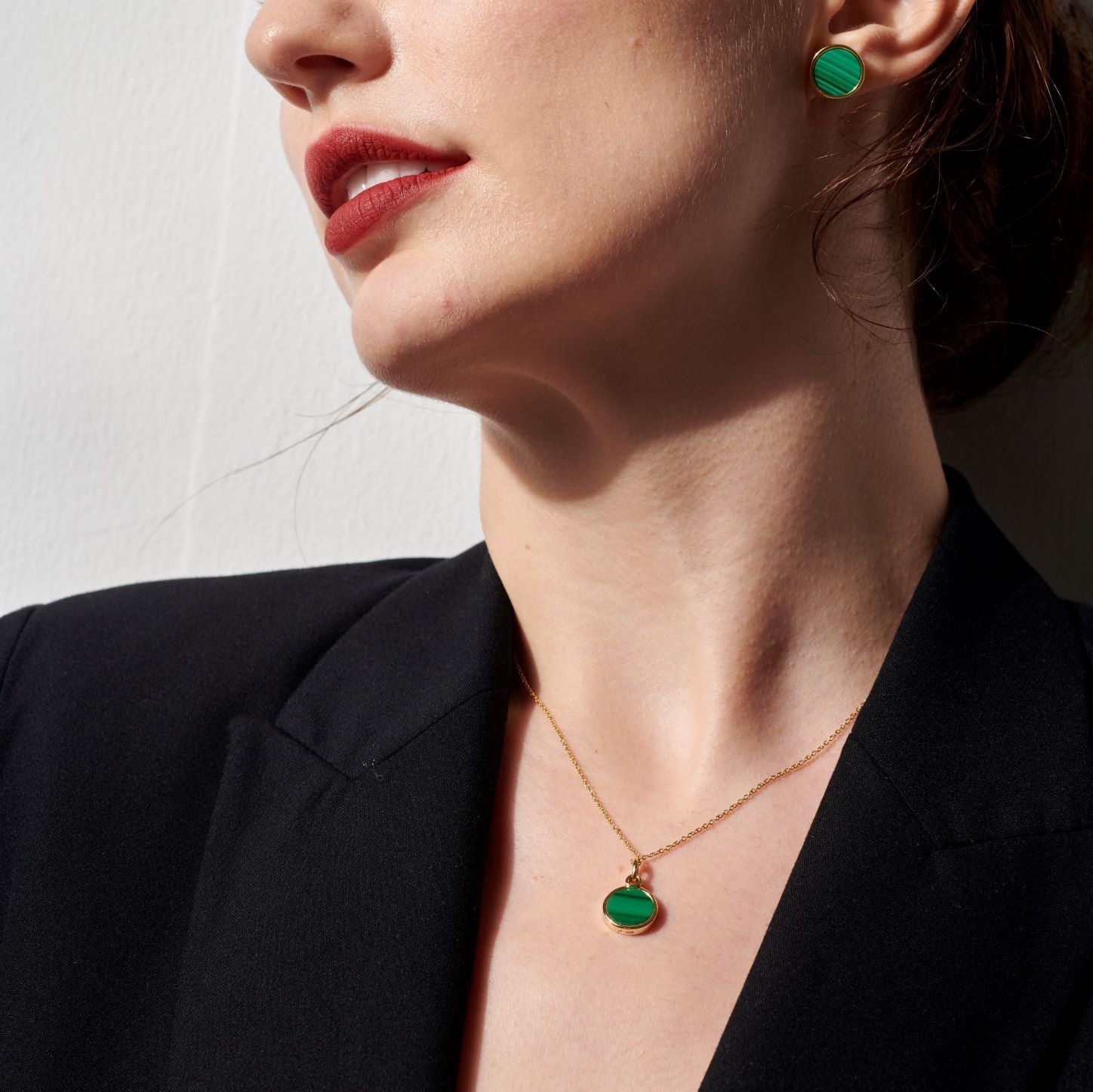 Vulpine Whisper 18K Gold Plated Sterling Silver Natural Malachite Petite Disc Stud Earrings