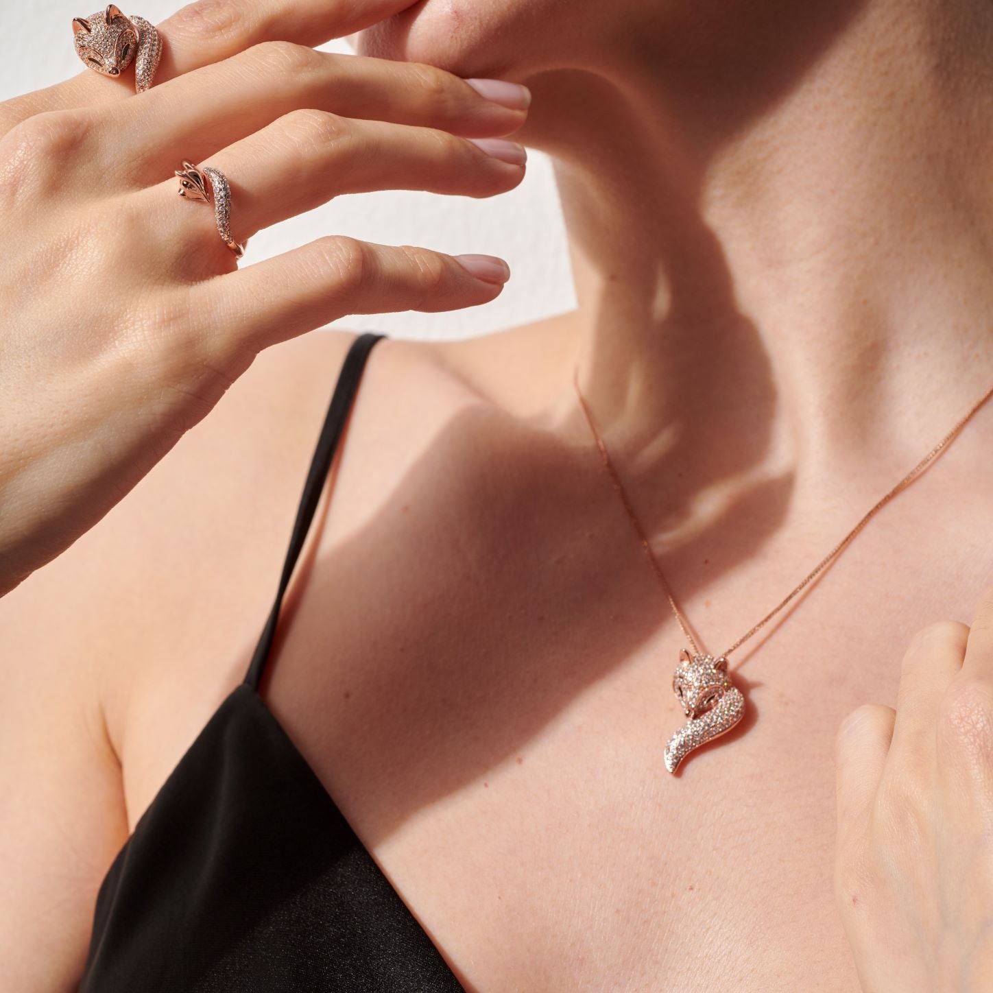 Vulpine Whisper 18K Rose Gold Plated Sterling Sliver Fox Luxe Pavé Pendant Necklace