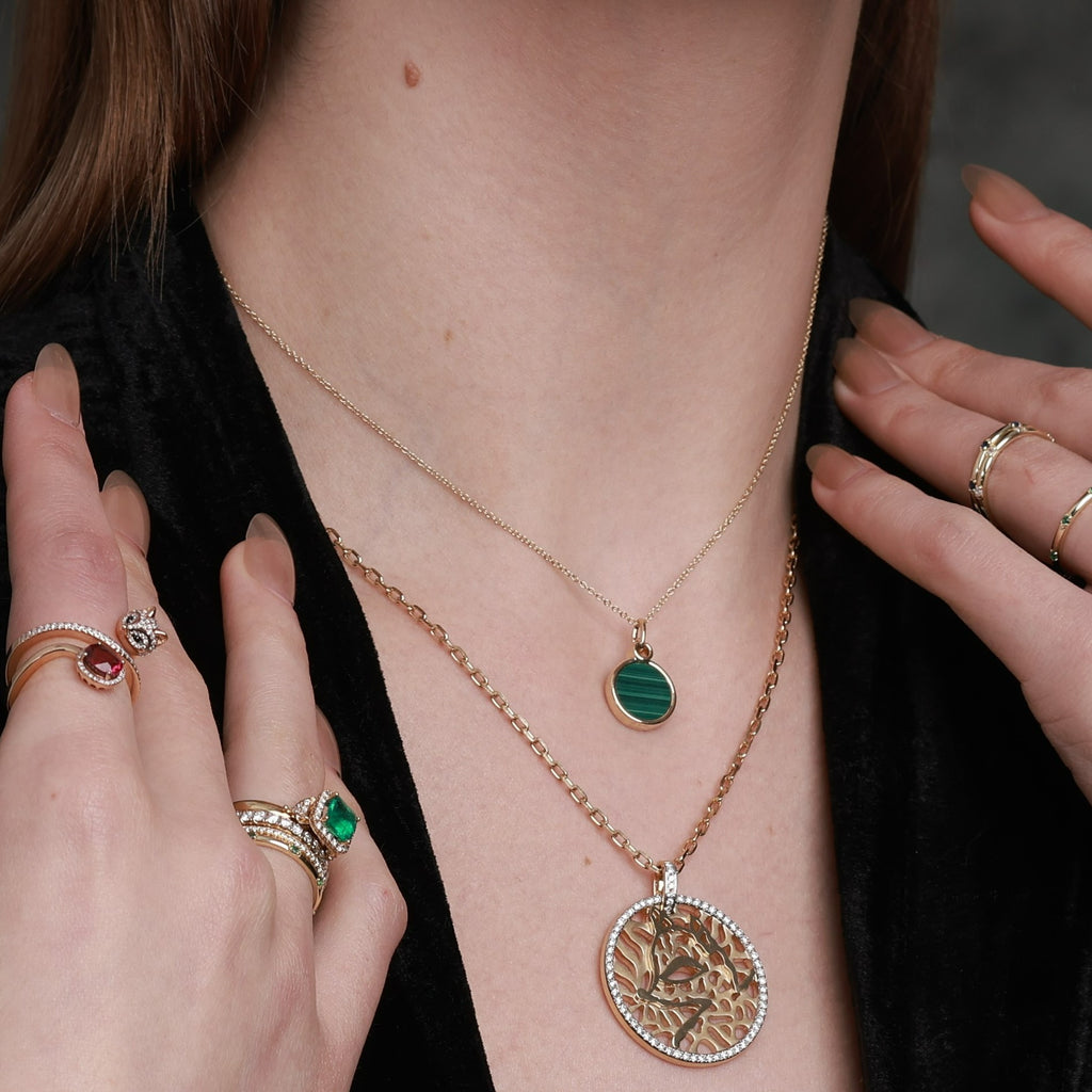Vulpine Whisper 18K Gold Plated Sterling Silver Natural Malachite Petite Disc Necklace