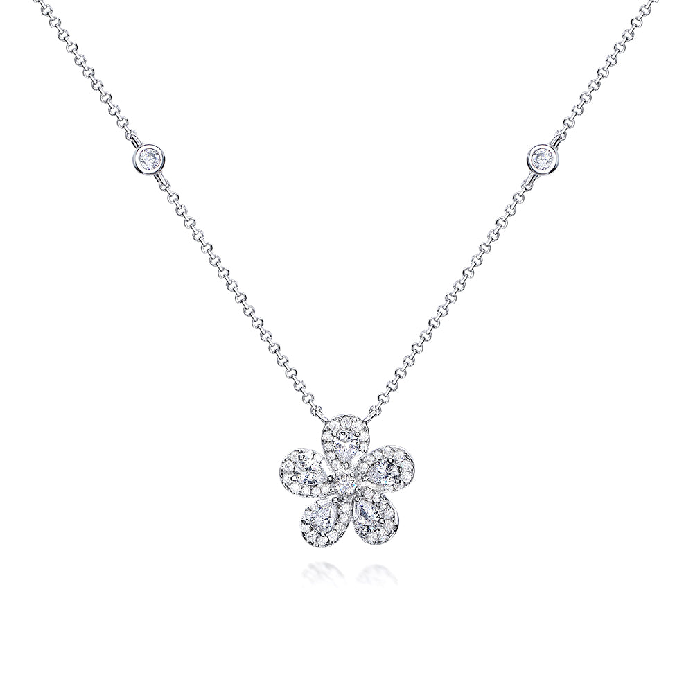 Golston Pear Cut  Flower Pendant Sterling Silver Station Necklace