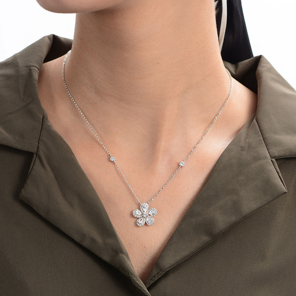 Golston Pear Cut  Flower Pendant Sterling Silver Station Necklace
