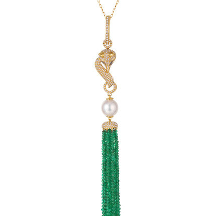 Golston Luxury™ 18K Gold White Fox Diamond Emerald Tassel Pendant
