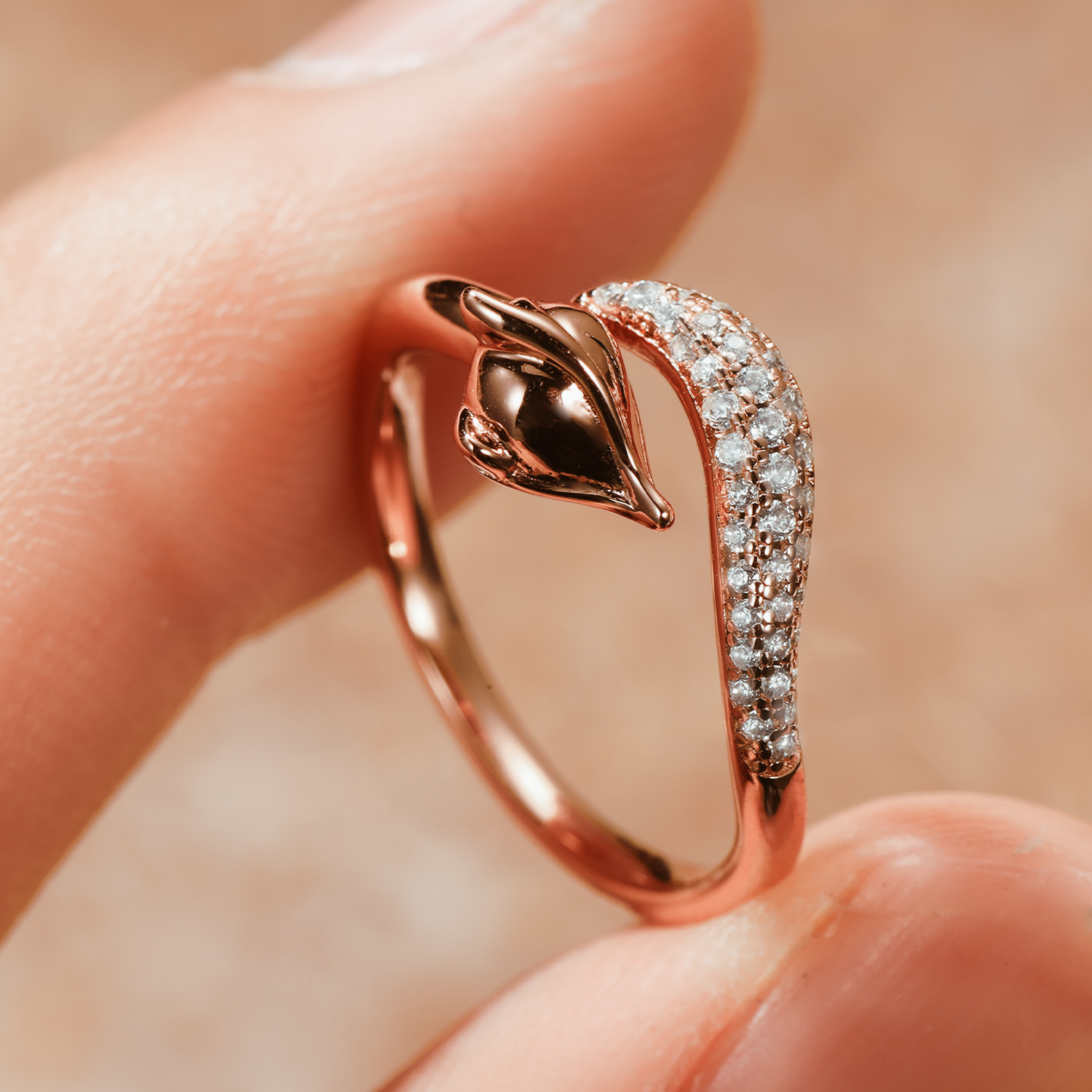 Vulpine Whisper 18K Rose Gold Plated Sterling Silver White Fox Luxe Pavé Petite Ring