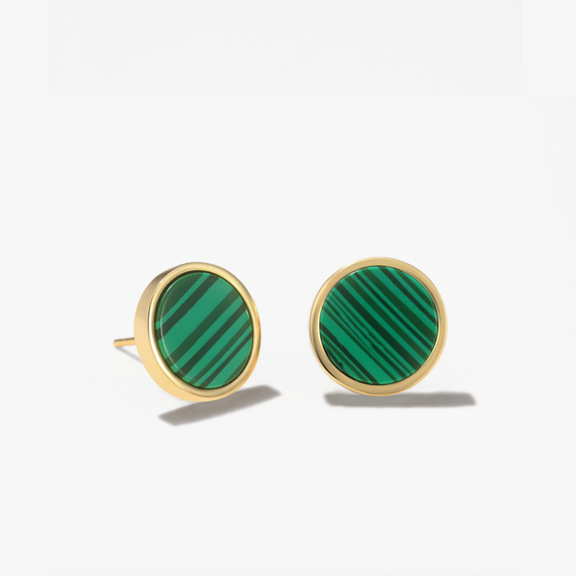 Vulpine Whisper 18K Gold Plated Sterling Silver Natural Malachite Petite Disc Stud Earrings